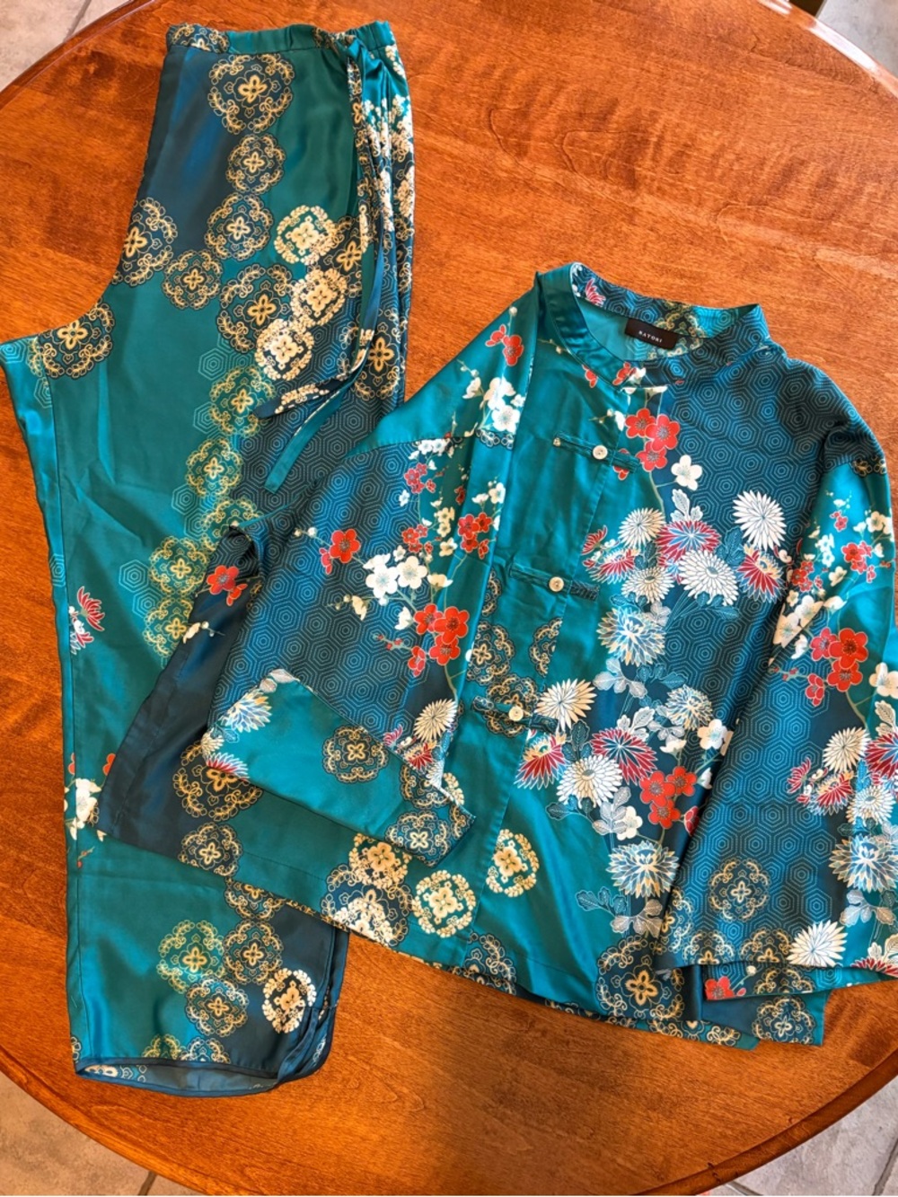 Natori Teal Floral Mandarin-Collar Kids Pajama Set by Natori